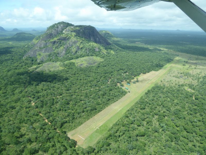 Aerial view of the Mbatamila headquarters and airstrip, Niassa Special Reserve, Mozambique